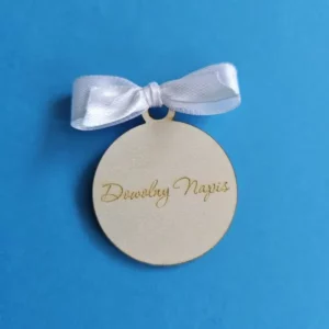 Kotylion drewniany dowolny napis logo herb medal