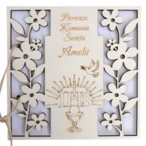 Pamiątka I Komunia Święta karta drewniana haft na pieniądze personalizowana