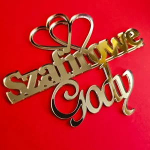 Topper boczny złote lustro Gody rocznica ślubu 2 serca nazwa