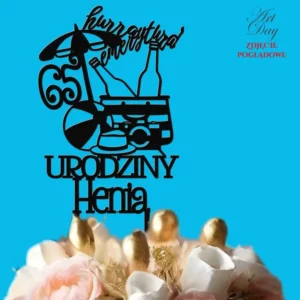 Topper personalizowany na urodziny liczba imię plaża napis „hurra emerytura!” aparat fotograficzny topper personalizowany na urodziny liczba imię plaża napis "hurra emerytura!"