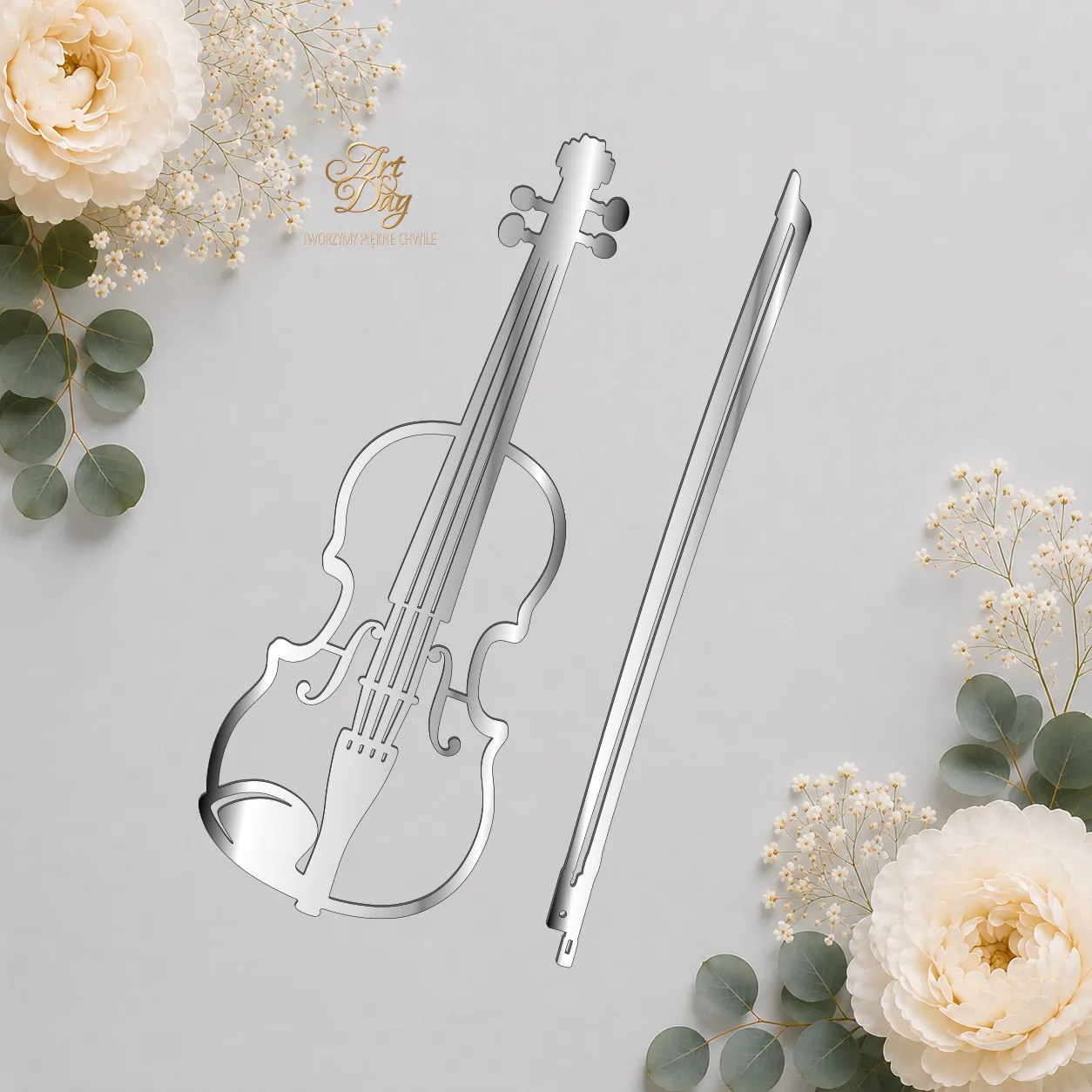 Topper muzyczny boczny instrumenty muzyczne – skrzypce i smyczek – 2 elementy -15 cm Dekoracje laserowe 4 Skrzypce srebrne 15 21 cm topper boczny Art & Day