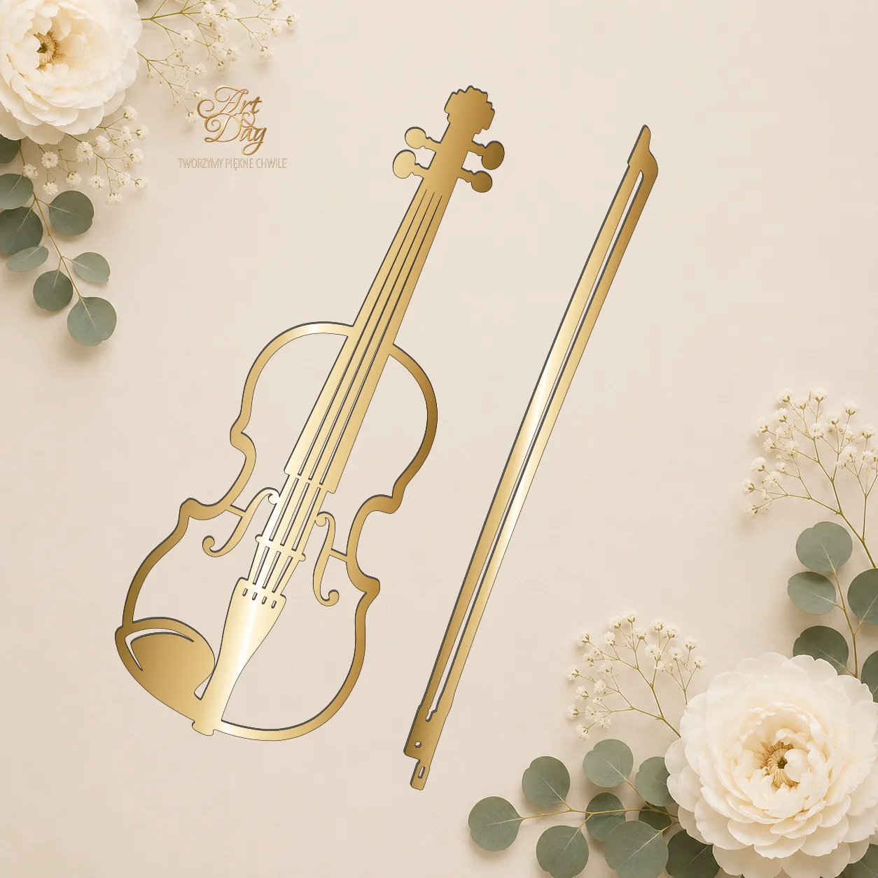 Topper muzyczny boczny instrumenty muzyczne – skrzypce i smyczek – 2 elementy -15 cm Dekoracje laserowe 5 Skrzypce złote 15 21 cm Art & Day