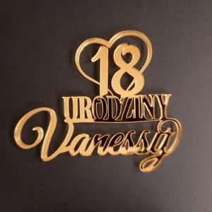 topper personalizowany boczny serce urodziny liczba + imię złote lustro