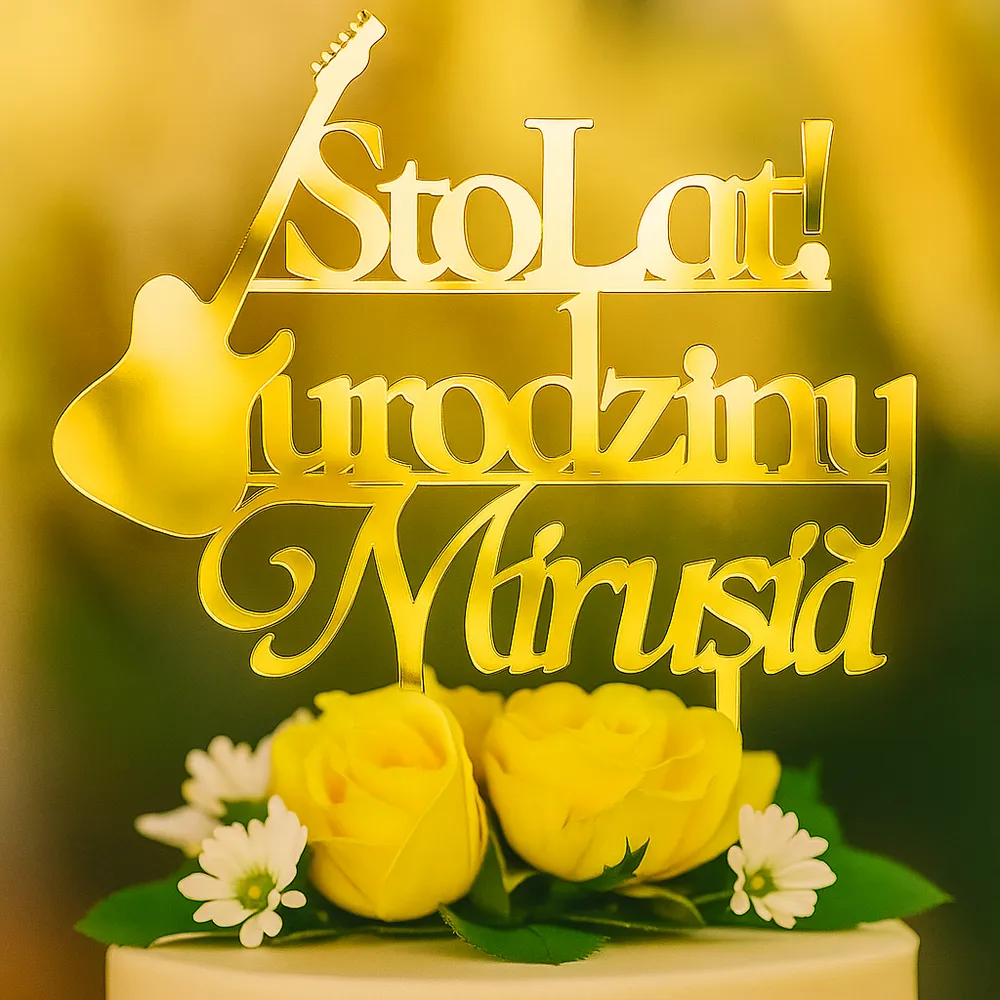 Topper „Sto Lat! urodziny” z gitarą – personalizowany Dekoracje laserowe 4 Topper Sto Lat urodziny z gitarą 2 nóżki artday