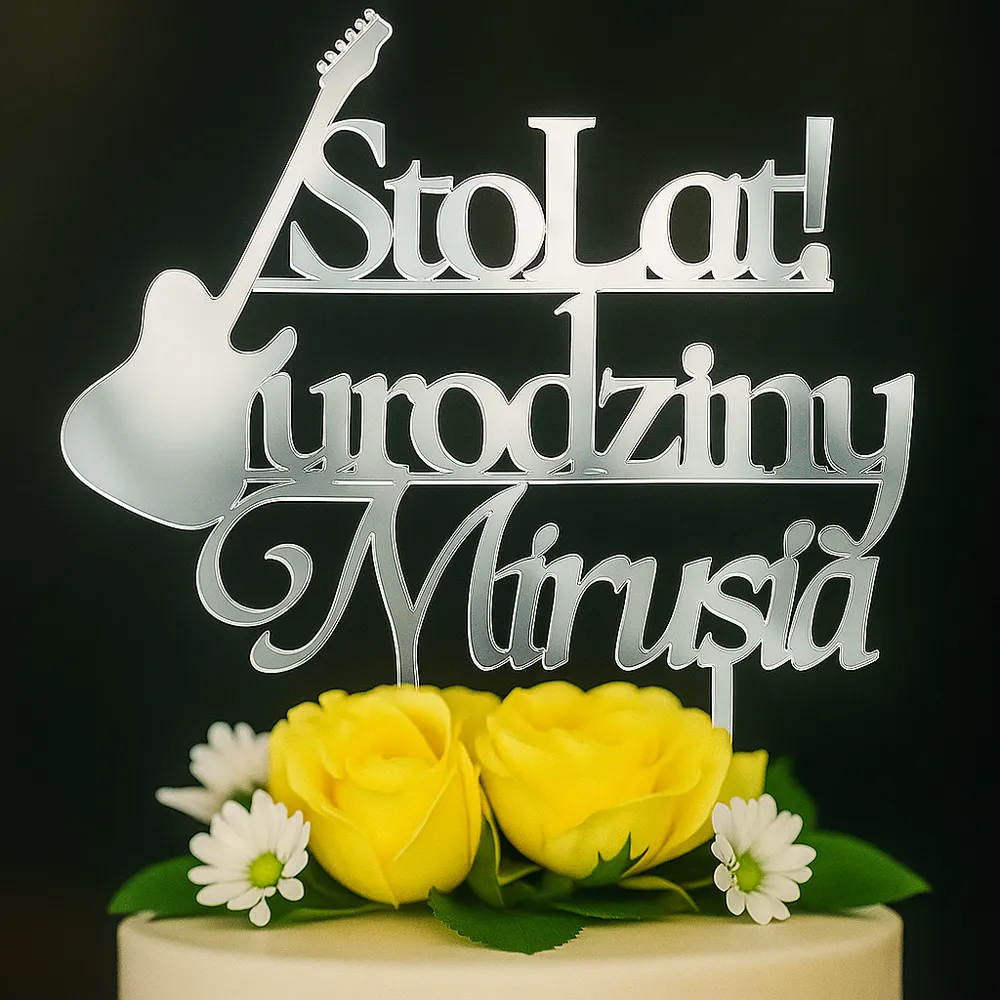Topper „Sto Lat! urodziny” z gitarą – personalizowany Dekoracje laserowe 2 Topper Sto Lat urodziny z gitarą 2 nóżki artday
