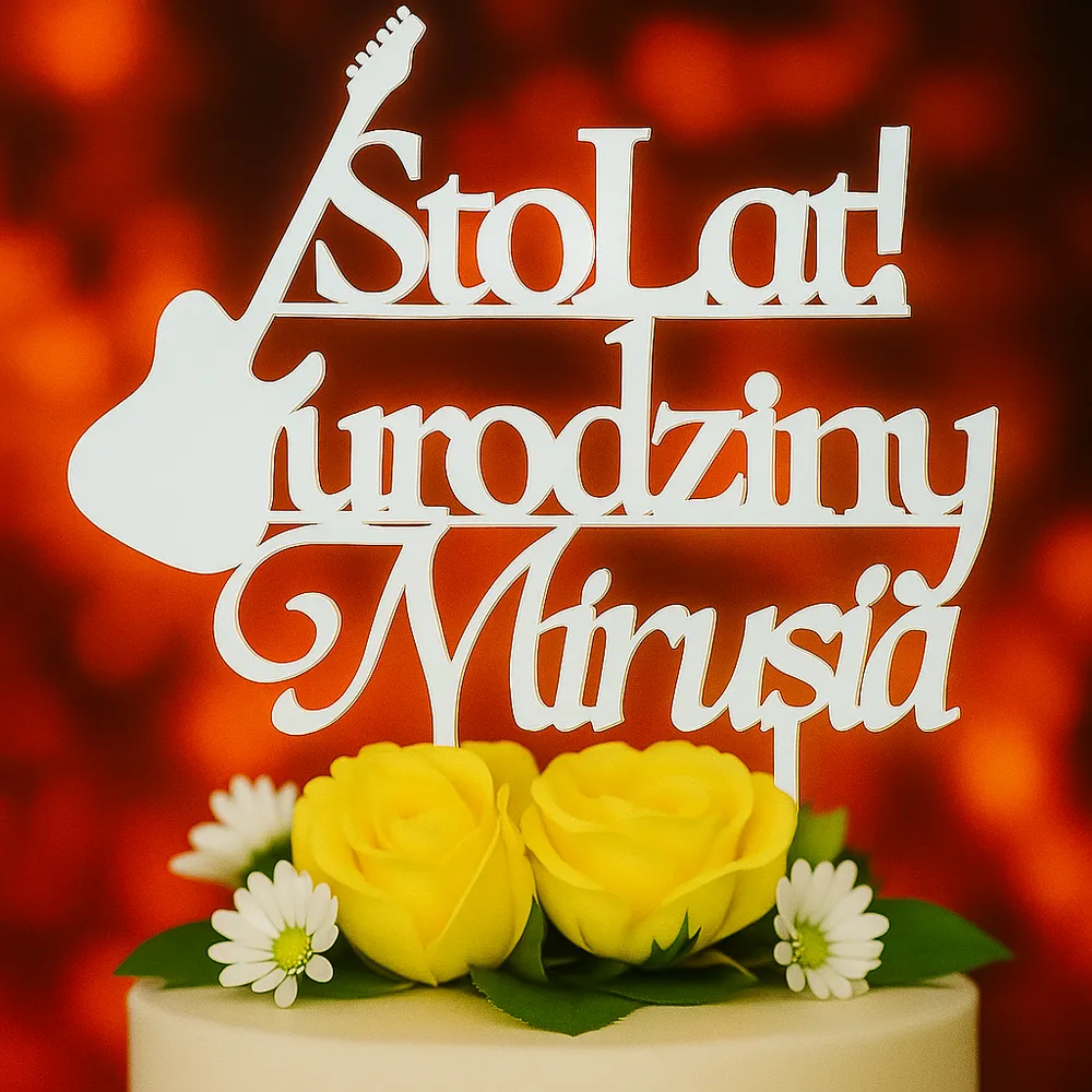 Topper „Sto Lat! urodziny” z gitarą – personalizowany Dekoracje laserowe 3 Topper Sto Lat urodziny z gitarą 2 nóżki artday